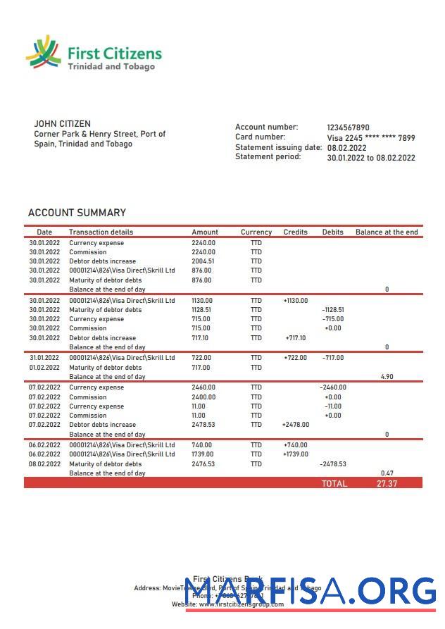 Realistic Trinidad and Tobago First Citizens bank statement word real example
